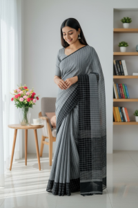 Chettinad Cotton Sarees, Grey With Blue Border