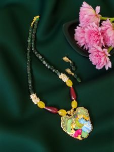 Lord Radha Krishna Tanjore Painting Pendant Beading Necklace