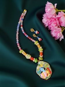 Lord Radha Krishna Tanjore Painting Pendant Beading Necklace