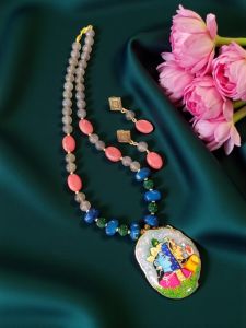 Lord Radha Krishna Tanjore Painting Pendant Beading Necklace
