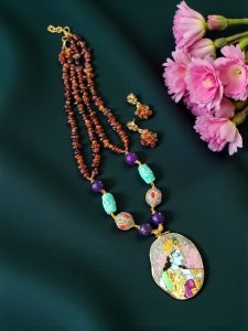 Lord Radha Krishna Tanjore Painting Pendant Beading Necklace