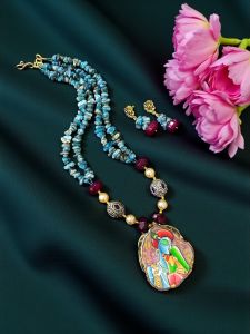  Lord Radha Krishna Tanjore Painting Pendant Beading Necklace