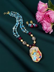 Lord Radha Krishna Tanjore Painting Pendant Beading Necklace