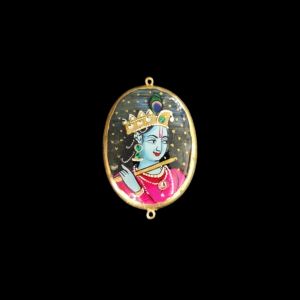 Onyx Pendant or connector Features a Krishna Painting on Onyx Stones Detailed with Gold Foil Borders, 1.5inch(approx)