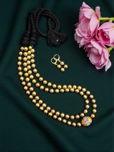 Brushed Beads Necklace with zircon stone Gold Balls with a Black Cotton Rope