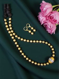 Brushed Beads Necklace with zircon stone Gold Balls with a Black Cotton Rope
