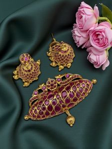Kemp Pendant with Jhumkas, Ruby Pink