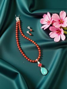 Navrabeads Gemstone Pendant Necklace For Women | Red Jasper Bead Necklace With Turquoise Pendant & Zircon Clasp | Elegant Statement Jewelry For Festive, Party & Daily Wear