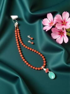 Navrabeads Gemstone Pendant Necklace For Women | Red Jasper Bead Necklace With Turquoise Pendant & Zircon Clasp | Elegant Statement Jewelry For Festive, Party & Daily Wear