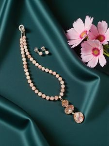 Navrabeads Gemstone Pendant Necklace For Women | Picture Jasper Bead Necklace With matching Pendant & Zircon Clasp | Elegant Statement Jewelry For Festive, Party & Daily Wear