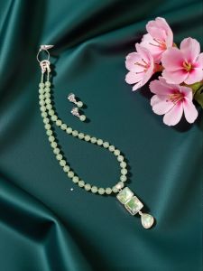 Navrabeads Gemstone Pendant Necklace For Women | Green Aventurine Bead Necklace With matching Pendant & Zircon Clasp | Elegant Statement Jewelry For Festive, Party & Daily Wear