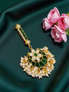 Jadau Moon Pendant, Green with long pendant with 8 holes on the side and with Pearls, Sold by 1 Piece