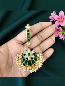 Jadau Moon Pendant, Green with long pendant with 8 holes on the side and with Pearls, Sold by 1 Piece