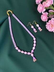 16inches Navrabeads CZ Bead Necklace Set with purple Tulip Beads | Elegant Designer Necklace & Matching Pendant Set for Women | Handcrafted Party & Festive Jewelry