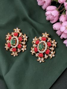 Cz Stone Flower Earrings, Corsl Red