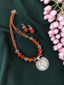 Navrabeads Onyx & Agate Bead Necklace – Orange 20 Inch with Silver Hook Finish | Elegant Beaded Jewellery for Women, Party & Festive Wear