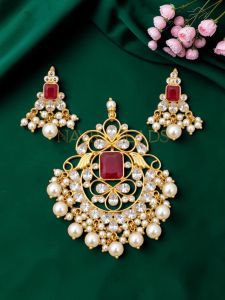 Polki Pendants With Earrings, Ruby Pink
