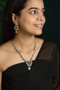 Navrabeads Victorian Necklace Set for Women | Sea Green Statement Necklace with Matching Earrings | Classic Victorian Design Jewelry for Wedding, Festive & Party Wear