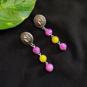 Printed Glass Beads Earrings, Purple And Yellow