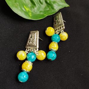 Printed Glass Beads Earrings, Yellow And Peacock Blue