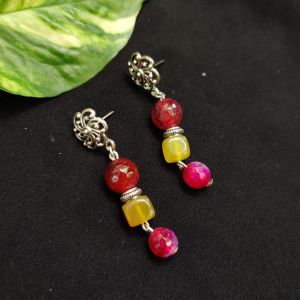 Natural Agate Earrings With Flower Stud