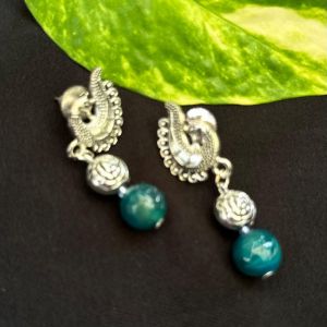 Green Agate Earrings With Peacock Stud