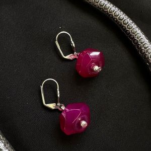 Agate Rondelle Earrings, Dark Pink