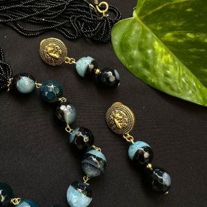 Onyx Beads Earrings With Peacock Stud, Blue And Black