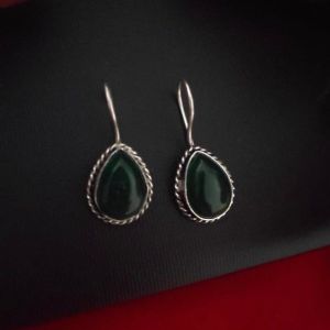 Drop Earrings, Silver Finish, Dark Green