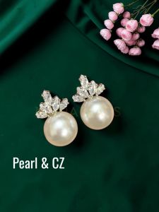 Navrabeads 8mm Pearl Stud Earrings with CZ Stones | Elegant Classic Pearl & Cubic Zirconia Fashion Earrings for Party, Wedding & Daily Wear