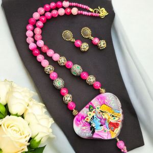 Hand Painted Radha Krishna Pendant Necklace, Pink