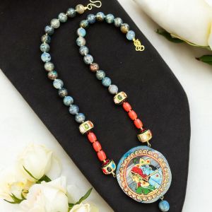 Hand Painted Radha Krishna Pendant Necklace, Blue & Coral Orange