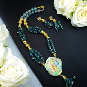 Radha Krishna hand painting on Onyx stones with Gemstone Apatite chips.
