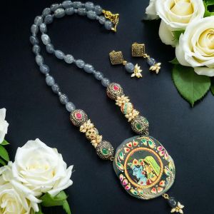 Hand Painted Radha Krishna Pendant Necklace, Bluish Grey