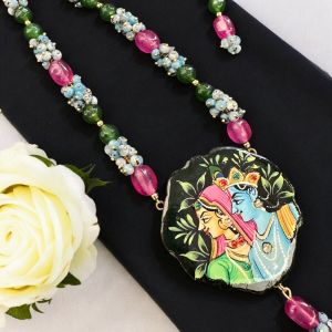 Hand Painted Radha Krishna Pendant Necklace, Green & Pink