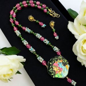 Hand Painted Radha Krishna Pendant Necklace, Green & Pink