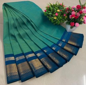 Chettinad Cotton Sarees, Green With Blue Gold Zari Border