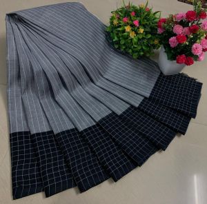 Chettinad Cotton Sarees, Grey With Blue Border