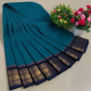 Chettinad Cotton Sarees, Peacock Blue with Gold Zari Border
