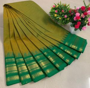 Chettinad Cotton Sarees, Green Dual Tone Gradient With Gold Zari Border