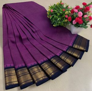 Chettinad Cotton Sarees, Violet With Navy Blue Gold Zari Border