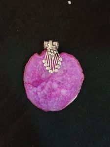 Natural Agate Slice Pendant, Silver Finish Green with Grey