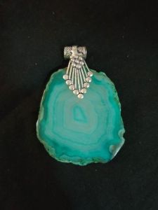 Natural Agate Slice Pendant, Silver Finish Green with Grey