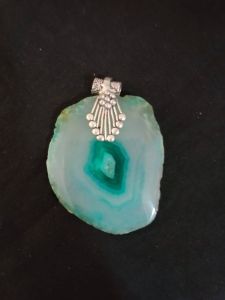 Natural Agate Slice Pendant, Silver Finish Green with Grey