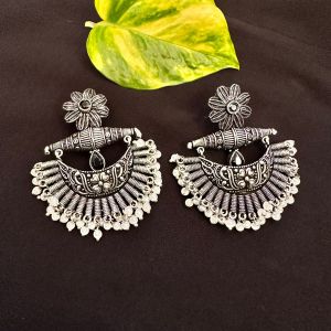 Silver Replica Chandbali Earrings With Gunguroos, Black
