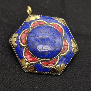 Tibetan Pendant, Hexagon, Royal Blue And Red