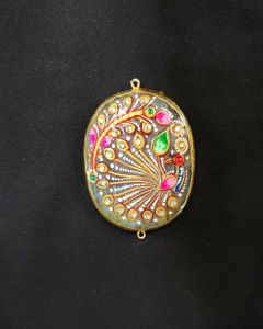 Onyx Pendant Features a Tanjore Painting on Onyx Stones Detailed with Gold Foil Borders