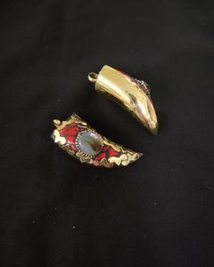 Tibetan Horn Shaped Pendant, Red With Gold Designs