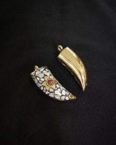 Tibetan Horn Shaped Pendant, Grey With Gold Designs