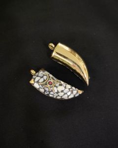 Tibetan Horn Shaped Pendant, Grey With Gold Designs